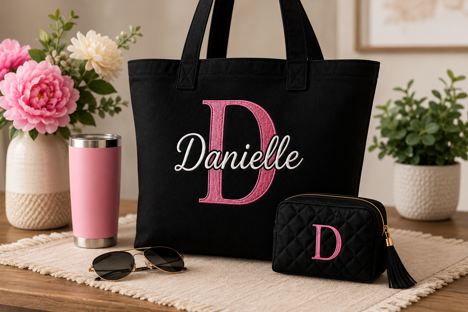 Personalized Embroidered Tote Bag & Accessory Pouch Set